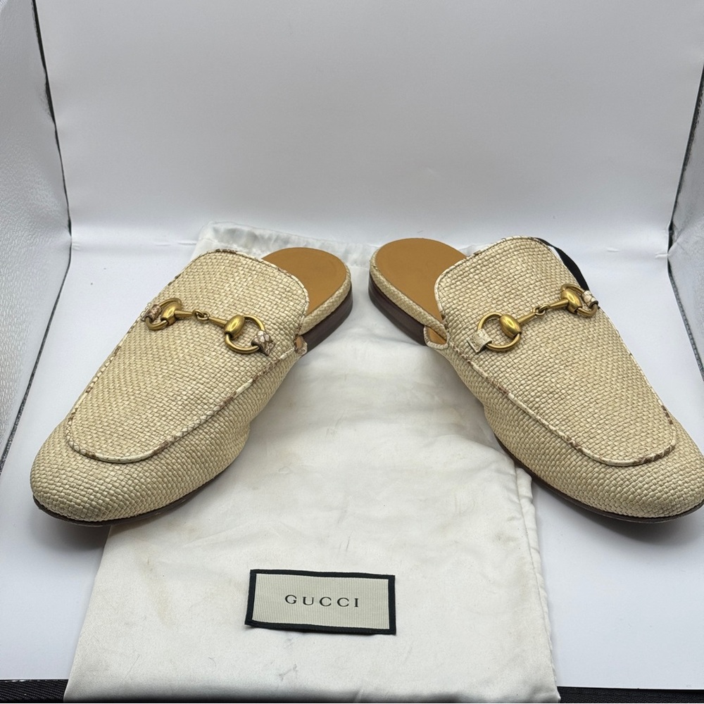 Gucci Princetown Rafael Horsebit Mule Neutral Straw and Snake Trim 7 UK/7.5 US